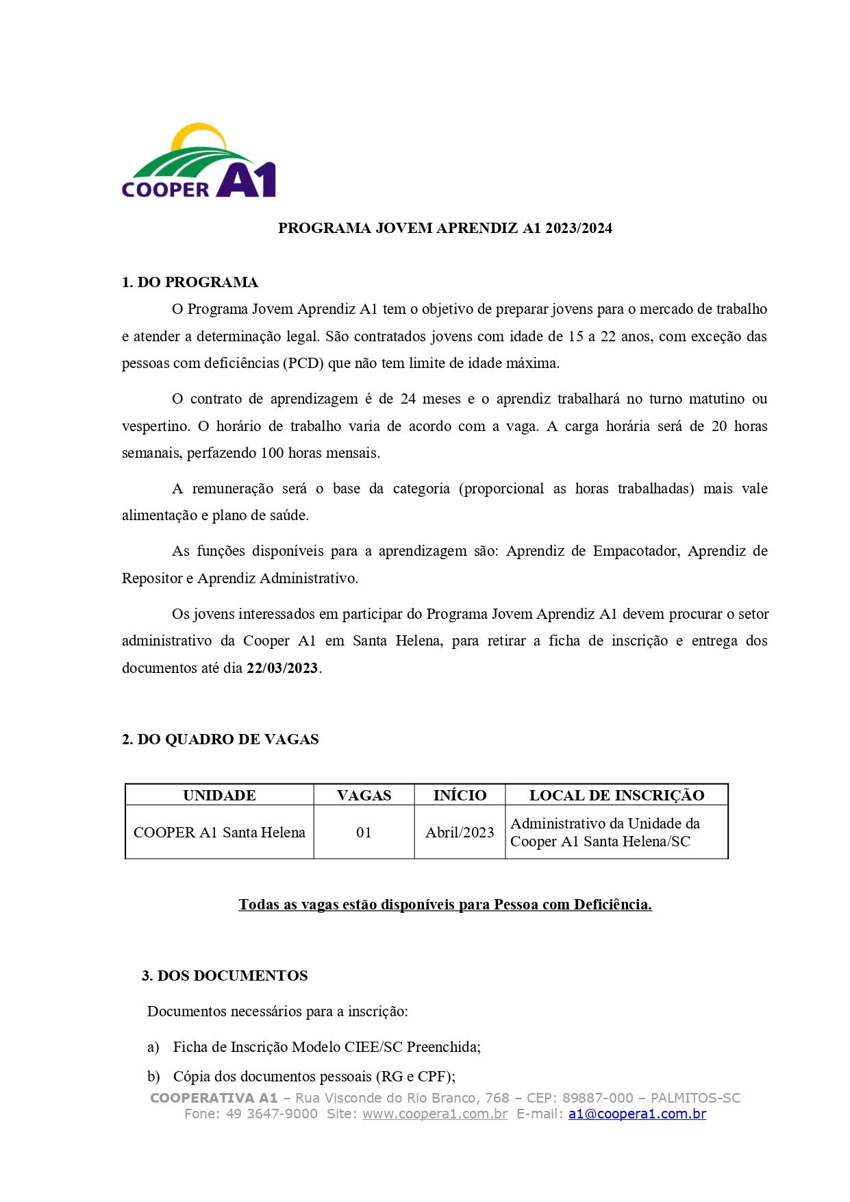 EDITAL: Jovem Aprendiz Santa Helena/SC